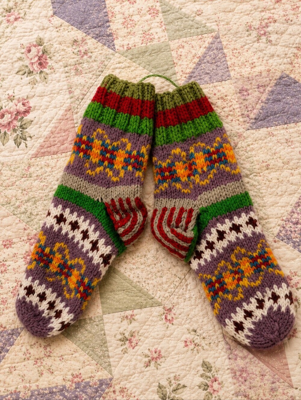 Hand Knit Fair Isle Wool Blend Socks Women's 8-10 New Handmade Cozy